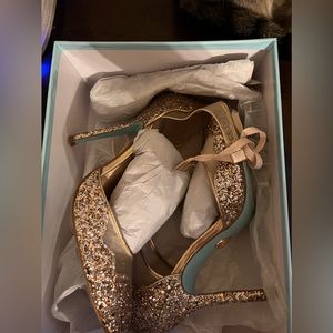 Betsey Johnson Stella Strappy Heels in champagne glitter.